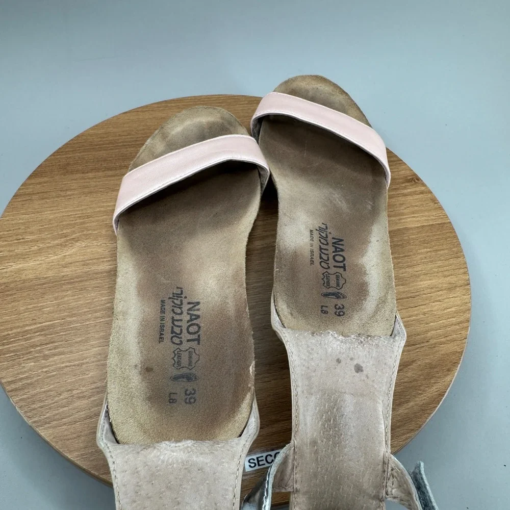 Naot Wedge Sandals 39 8 8.5 Pink Silver Leather Metallic Comfort Boho Chic Cork